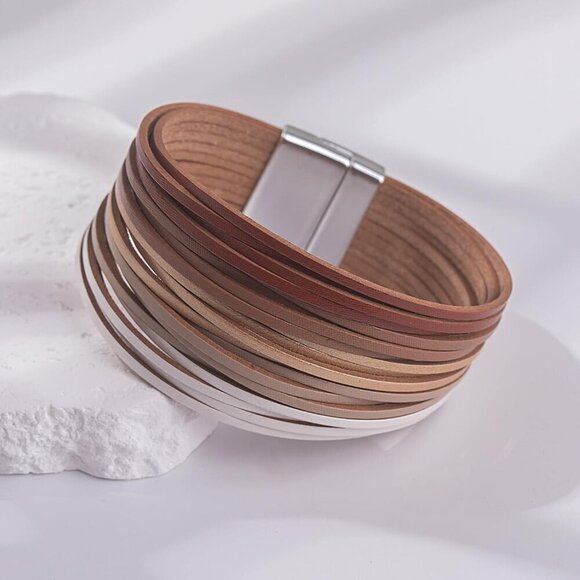 ✨ Fancy Shiny Leather Wrap Bracelet Women White Stackable Bangle Cuff Jewelry - Picture 5 of 7